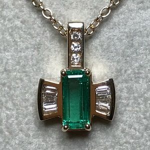 Natural Emerald & Diamond Pendant 14K Yellow Chain